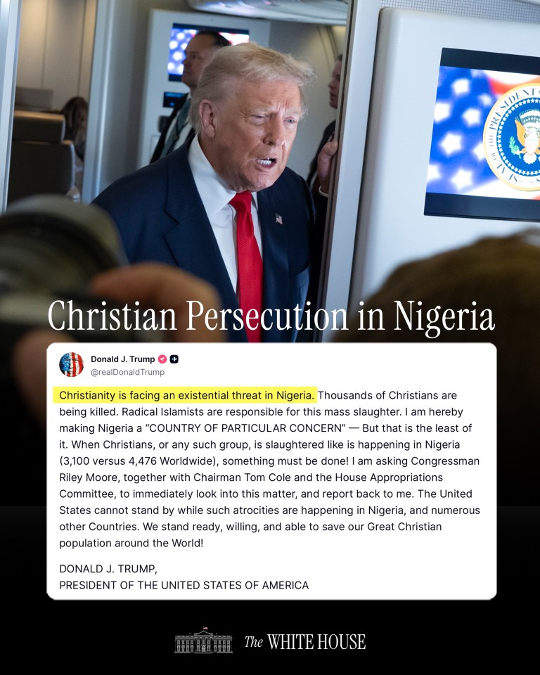 President Donald Trump delivers remarks on the persecution of Christians in Nigeria, as shown in the official White House release featuring his statement declaring Nigeria a “Country of Particular Concern.”