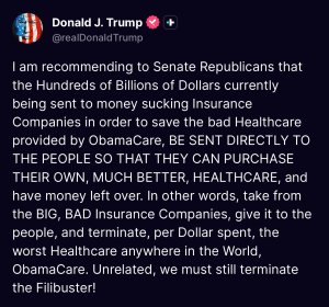 President Trump’s Truth Social post calling to send Obamacare money directly to the people instead of insurance companies