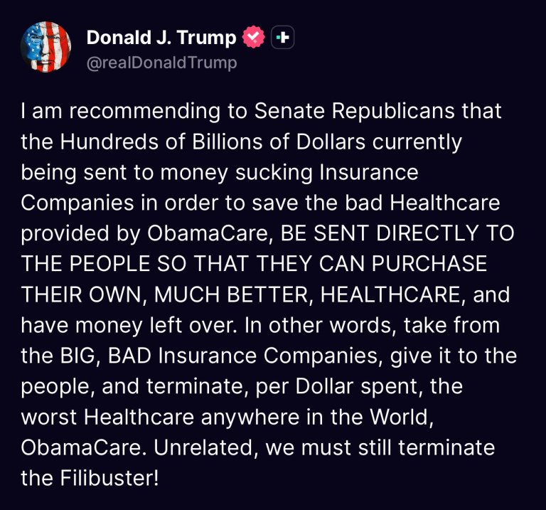 President Trump’s Truth Social post calling to send Obamacare money directly to the people instead of insurance companies