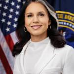 Official portrait of Director of National Intelligence Tulsi Gabbard wearing a white suit, standing in front of the American flag and the Office of the Director of National Intelligence emblem.