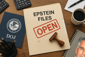 Top down view of a busy desk with a DOJ folder, a stamped file labeled Epstein Files Open, office supplies and space left for a mugshot folder.