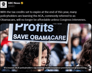 ABC News post stating ACA will not be affordable when tax credits expire