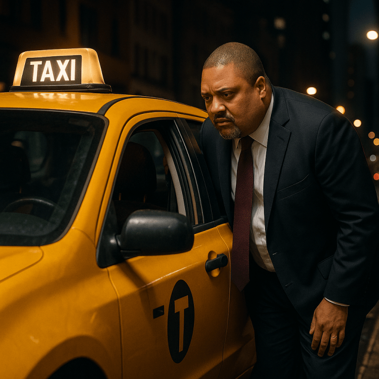 Alvin Bragg leaning into the window of a yellow New York City taxi at night.