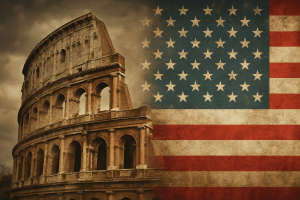A blended image showing the Roman Colosseum on the left and a distressed American flag on the right, symbolizing the comparison between modern America and the fall of Rome.