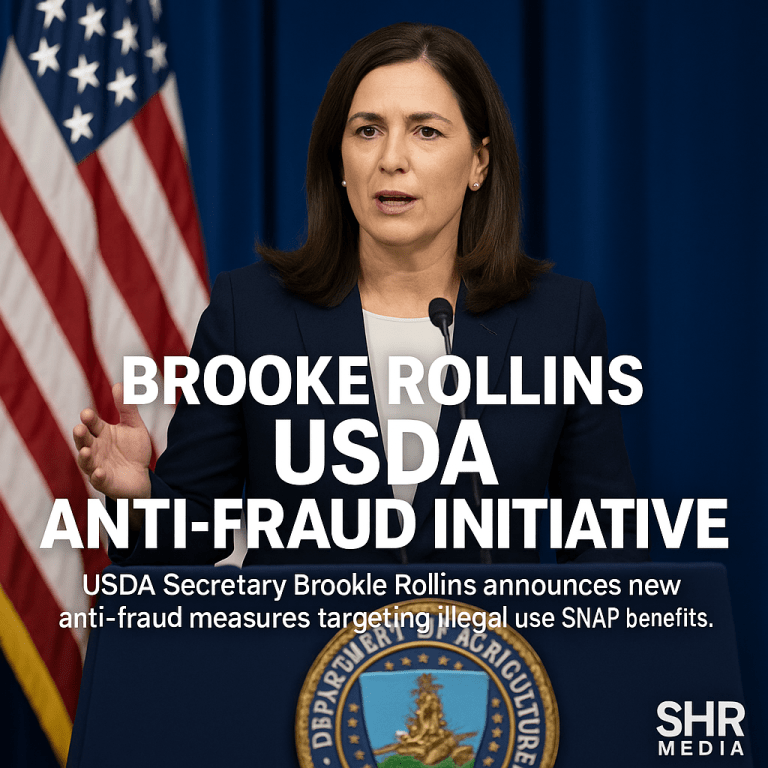 USDA Secretary Brooke Rollins speaking at a press conference announcing anti fraud measures in the SNAP program