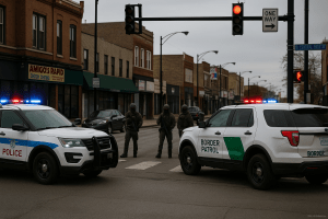 Chicago police and Border Patrol vehicles with flashing lights block an intersection as armed officers secure the area during a federal operation.
