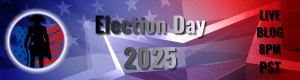SHR Media banner for Election Day 2025 with patriotic red, white, and blue background and text announcing “Live Blog 8PM PST.”