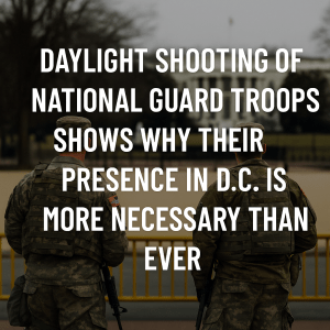 National Guard soldiers standing near the White House with a security barricade, representing rising concerns over public safety after a daylight shooting in Washington, D.C.