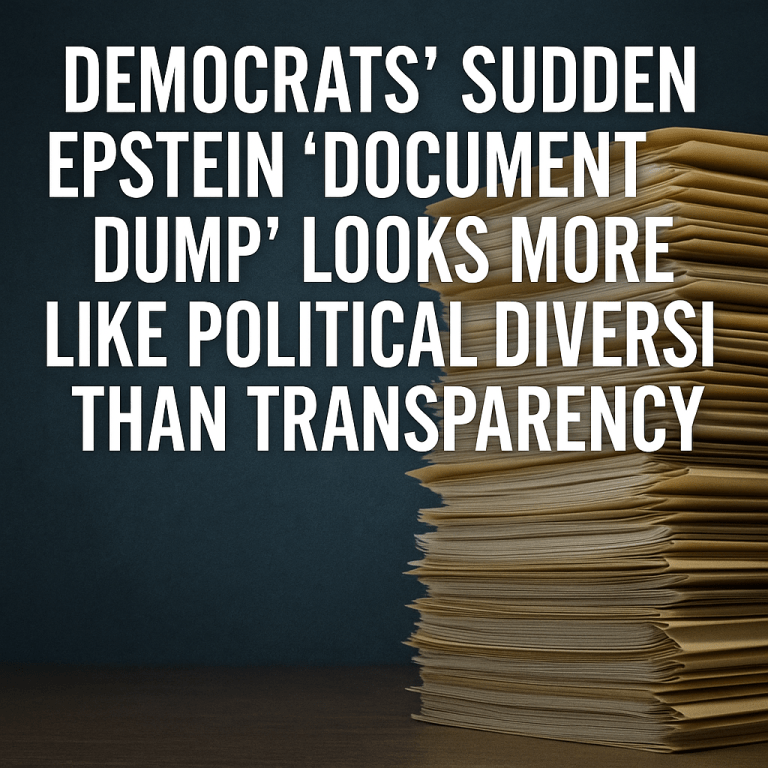 Feature image showing a tall stack of manila folders under bold text reading “Democrats’ Sudden Epstein Document Dump Looks More Like Political Diversion Than Transparency.”