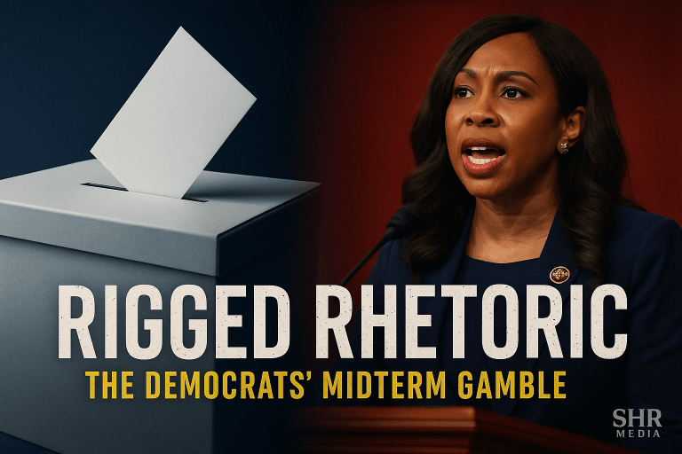 Split image showing a ballot box and a Democrat lawmaker speaking as text overlay reads “Rigged Rhetoric: The Democrats’ Midterm Gamble.”