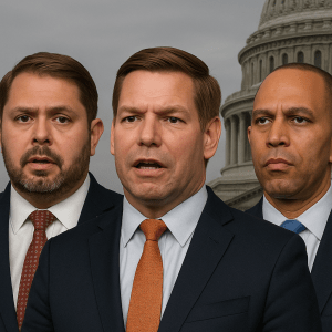 “Ruben Gallego, Eric Swalwell, and Hakeem Jeffries in front of the U.S. Capitol, representing Democrat threats of investigations and consequences in 2025.”