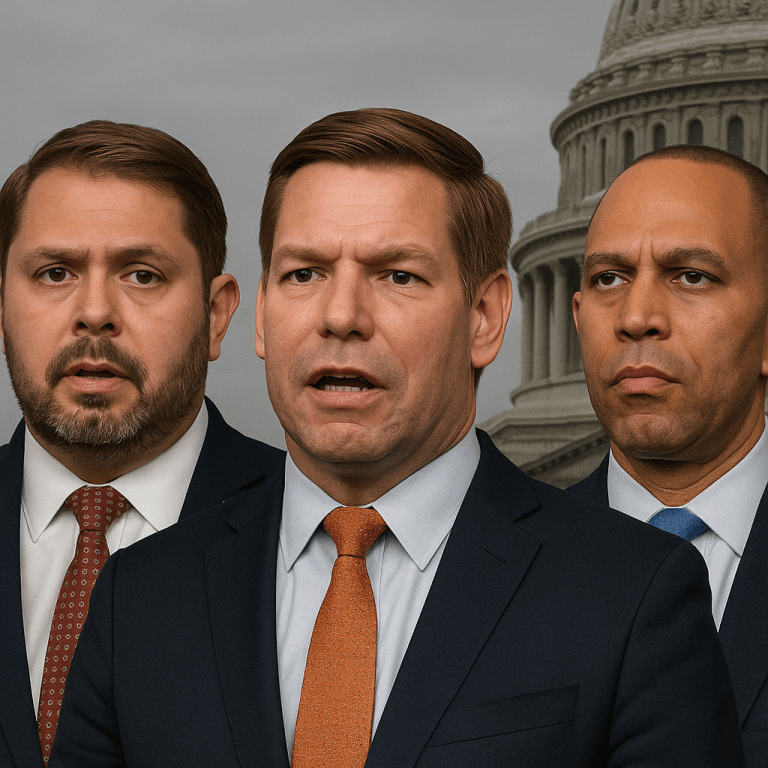 “Ruben Gallego, Eric Swalwell, and Hakeem Jeffries in front of the U.S. Capitol, representing Democrat threats of investigations and consequences in 2025.”