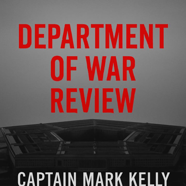 Pentagon in grayscale with bold red text reading Department of War Review and white text naming Captain Mark Kelly.