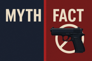 Myth versus Fact graphic showing the split between gun control claims and reality used in an SHR Media article debunking Everytown’s gun statistics.