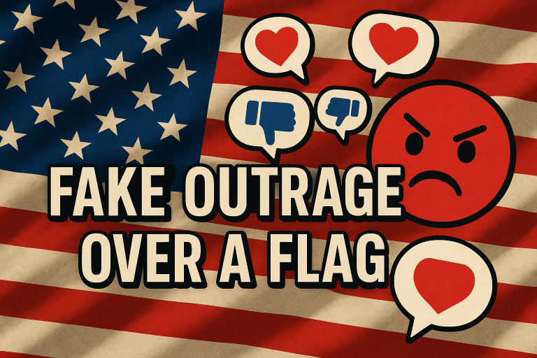 Graphic illustration of the American flag with social media reaction icons and bold text reading Fake Outrage Over a Flag.