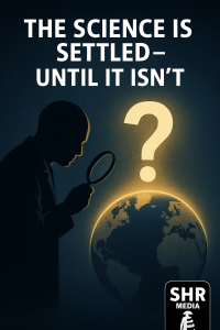 Silhouette of a scientist examining a glowing question mark above the Earth