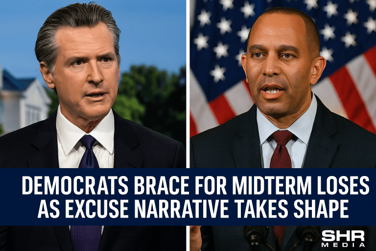 Gavin Newsom and Hakeem Jeffries appear on television screens during election coverage, symbolizing Democrats preparing excuses ahead of the midterms.