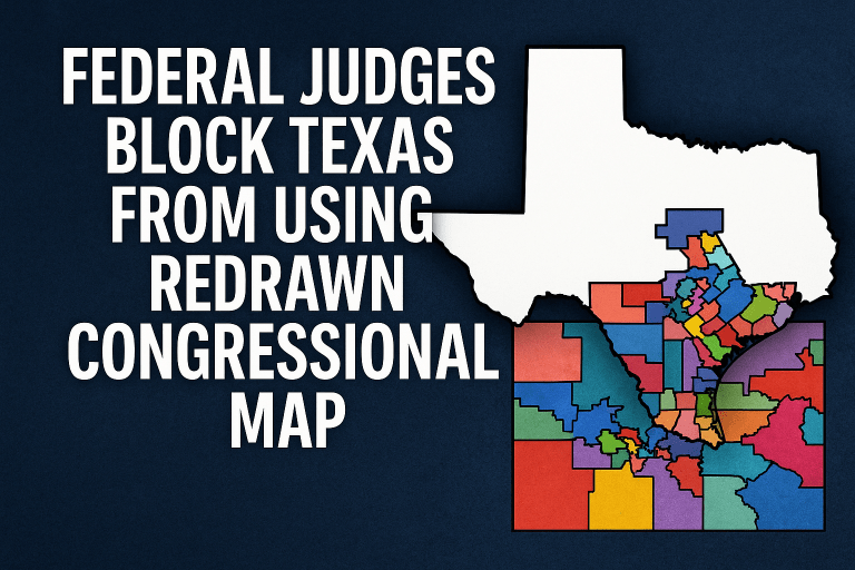 Federal judges block Texas from using its redrawn congressional map, shown with a Texas outline and color coded districts.