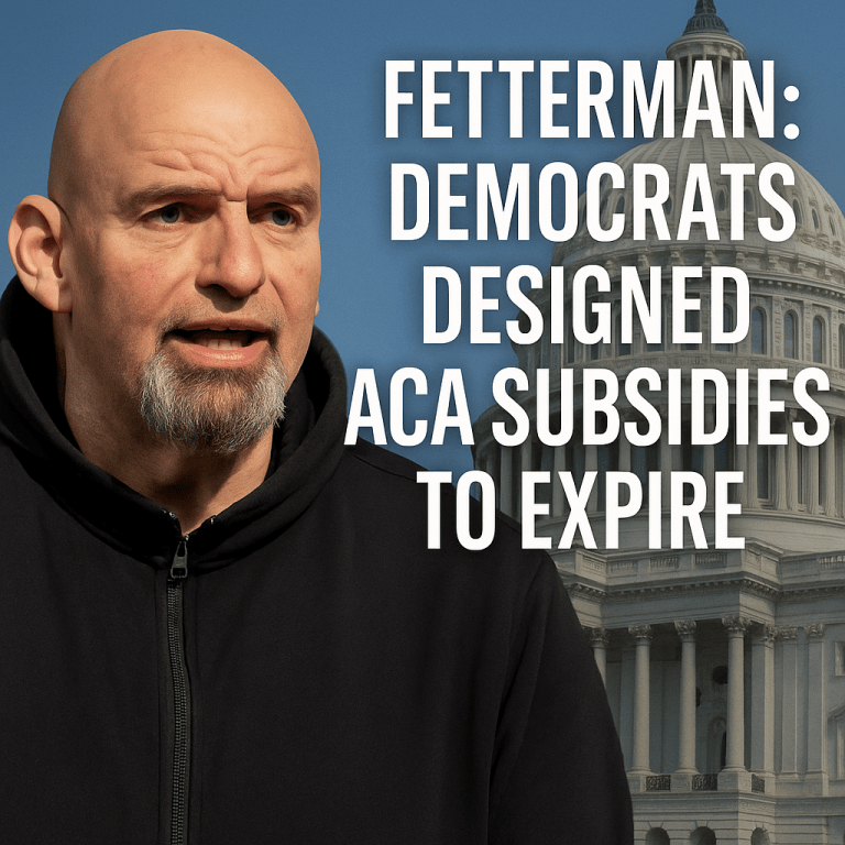 Senator John Fetterman speaking with the U.S. Capitol in the background and headline text reading “Fetterman: Democrats Designed ACA Subsidies to Expire.”