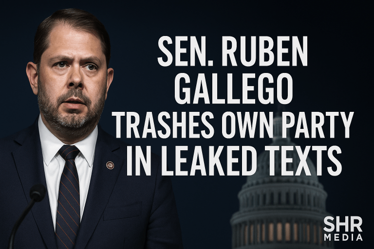 “Sen. Ruben Gallego with Capitol backdrop, representing leaked text message controversy.”
