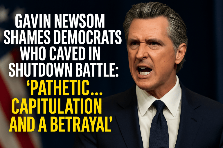 Gavin Newsom speaking angrily at podium, criticizing Democrats for caving in government shutdown negotiations, text overlay reads “Pathetic... Capitulation and a Betrayal.”