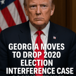 Georgia moves to drop the 2020 election interference case against Donald Trump with Trump standing in front of an American flag.