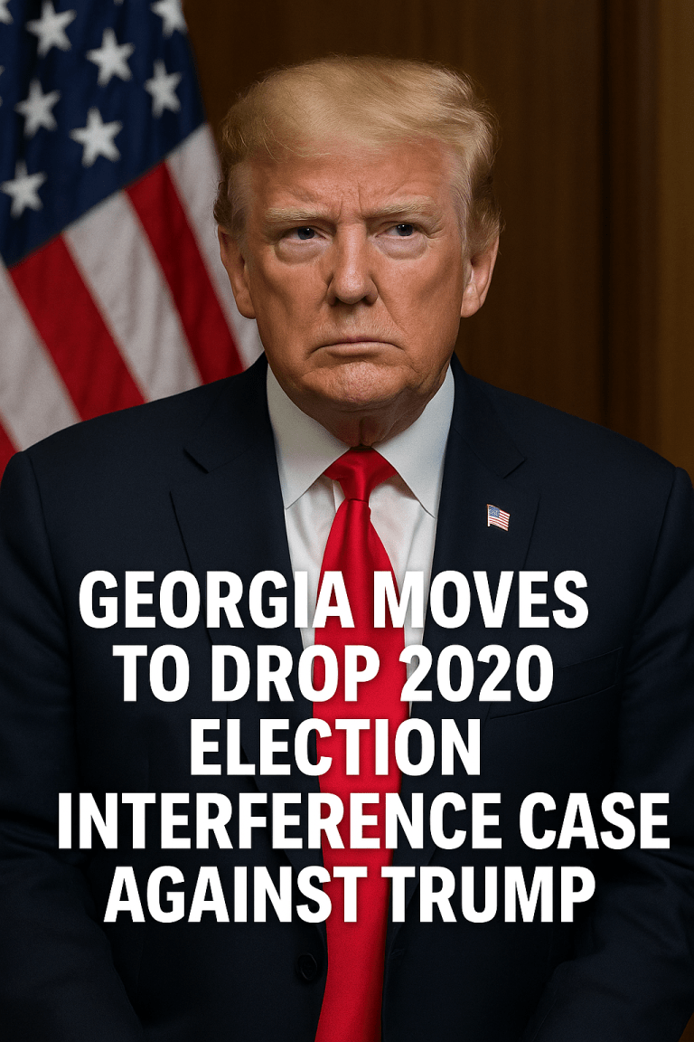 Georgia moves to drop the 2020 election interference case against Donald Trump with Trump standing in front of an American flag.