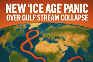 A digital graphic showing a global map with the Gulf Stream highlighted in red, beneath a headline reading “New ‘Ice Age’ Panic Over Gulf Stream Collapse,” symbolizing climate scientists’ warnings about potential AMOC disruption.
