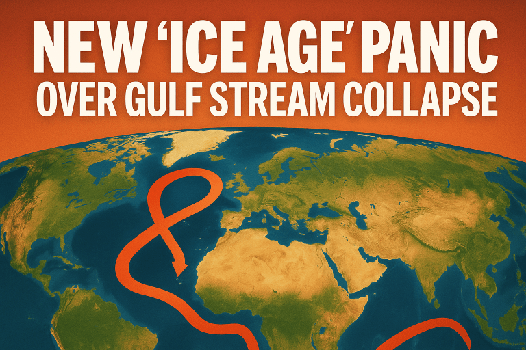 A digital graphic showing a global map with the Gulf Stream highlighted in red, beneath a headline reading “New ‘Ice Age’ Panic Over Gulf Stream Collapse,” symbolizing climate scientists’ warnings about potential AMOC disruption.