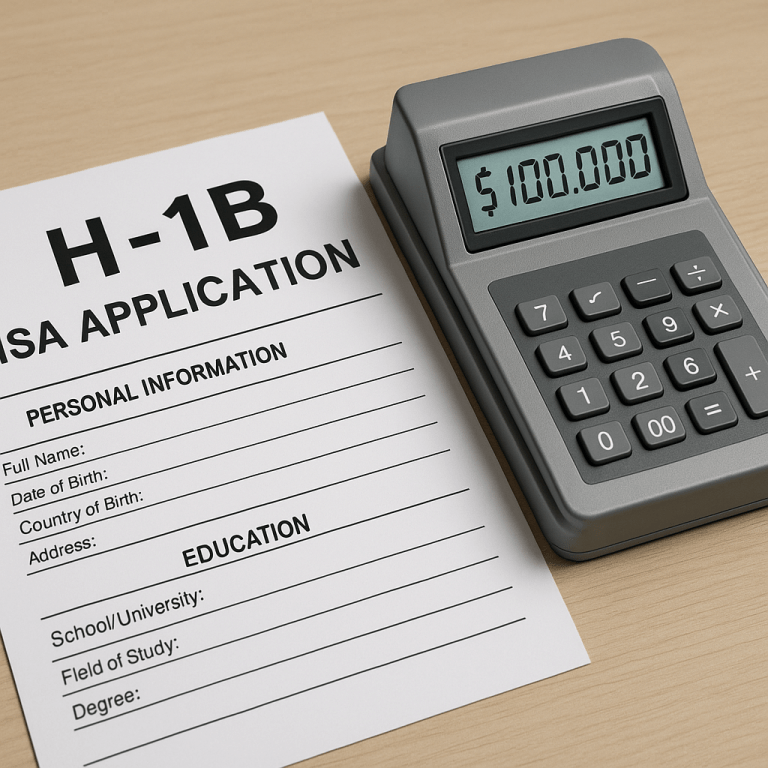 H-1B visa application form placed beside a cash register displaying $100,000, symbolizing the proposed visa fee