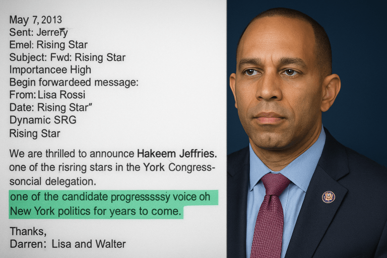 Feature image showing a split screen with a blurred email referencing Hakeem Jeffries on the left and a clear portrait of Hakeem Jeffries on the right symbolizing the 2013 outreach email sent to Jeffrey Epstein by Dynamic SRG promoting Jeffries as a rising political figure.
