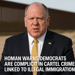 Tom Homan speaking in front of the U.S. border wall warning that Democrats are complicit in cartel crimes linked to illegal immigration.
