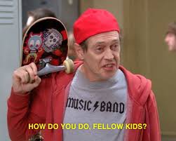 Man in a red hat holding a skateboard with the caption how do you do fellow kids
