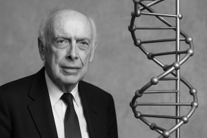 James Watson, co-discoverer of DNA’s double helix, beside molecular model.