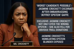 Jasmine Crockett looking frustrated during a committee hearing as headlines highlight her wrong Epstein claim and troll donation blunder.