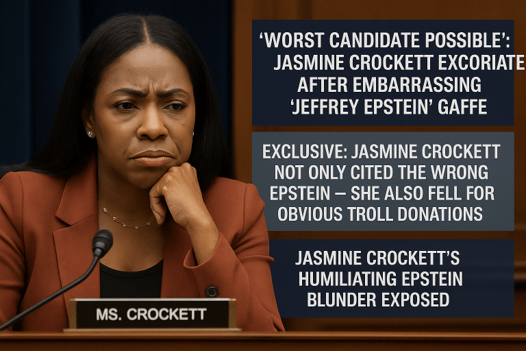 Jasmine Crockett looking frustrated during a committee hearing as headlines highlight her wrong Epstein claim and troll donation blunder.