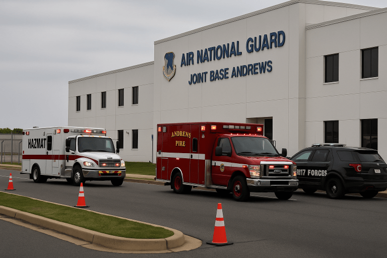 Emergency vehicles outside Joint Base Andrews following evacuation after suspicious package sickened personnel.