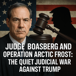 Judge James Boasberg stands before an American flag with a gavel and Donald Trump’s silhouette behind him, symbolizing the judicial conflict at the heart of Operation Arctic Frost.