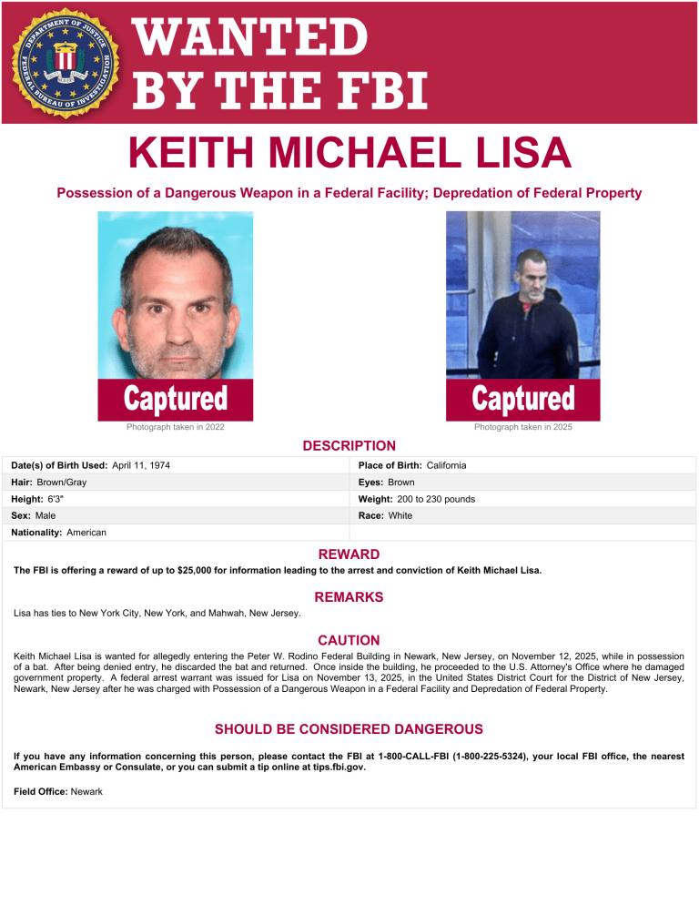 FBI bulletin for Keith Michael Lisa with photos, physical description, charges, and “Captured” status.