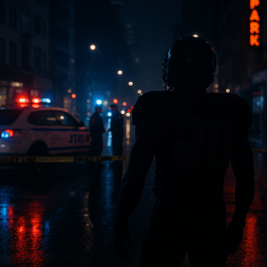 Police lights illuminate a New York City street at night as a silhouetted football player stands in the foreground during the investigation into the shooting of Jets player Kris Boyd.