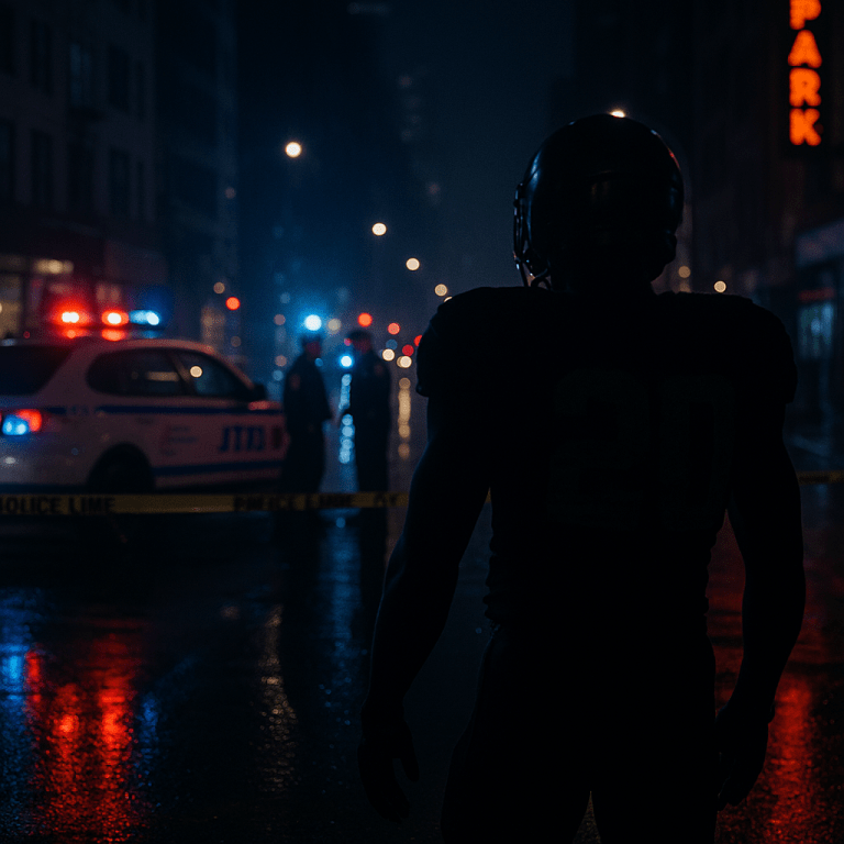 Police lights illuminate a New York City street at night as a silhouetted football player stands in the foreground during the investigation into the shooting of Jets player Kris Boyd.