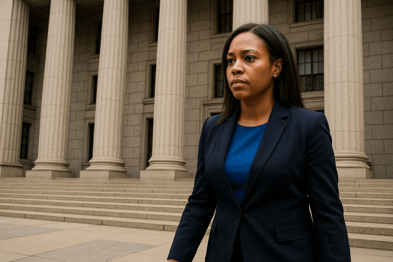 African American congresswoman walking down courthouse steps after judge denies motion to dismiss federal assault charges.