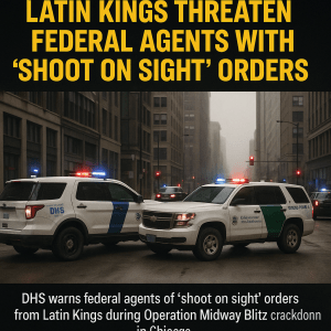 DHS and Border Patrol vehicles in Chicago amid Latin Kings shoot on sight threat during Operation Midway Blitz.