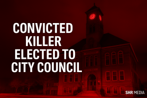 Bangor City Hall at dusk representing the election of Angela Walker, a convicted killer, to the city council.