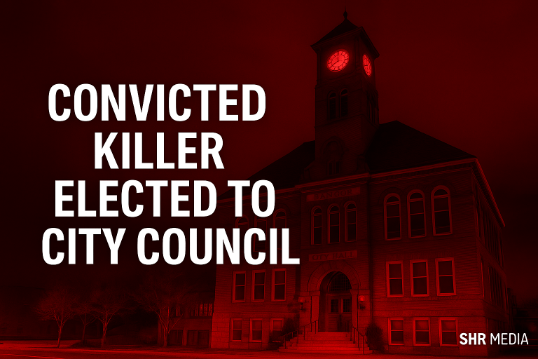 Bangor City Hall at dusk representing the election of Angela Walker, a convicted killer, to the city council.