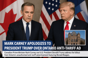 Prime Minister Mark Carney apologizes to President Donald Trump after Ontario’s controversial anti-tariff advertisement caused trade tensions between Canada and the United States.
