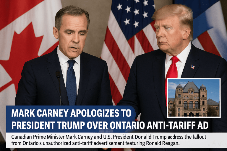 Prime Minister Mark Carney apologizes to President Donald Trump after Ontario’s controversial anti-tariff advertisement caused trade tensions between Canada and the United States.