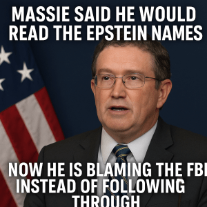 Thomas Massie speaking in front of an American flag with text criticizing his reversal on naming Epstein associates and shifting blame to the FBI.