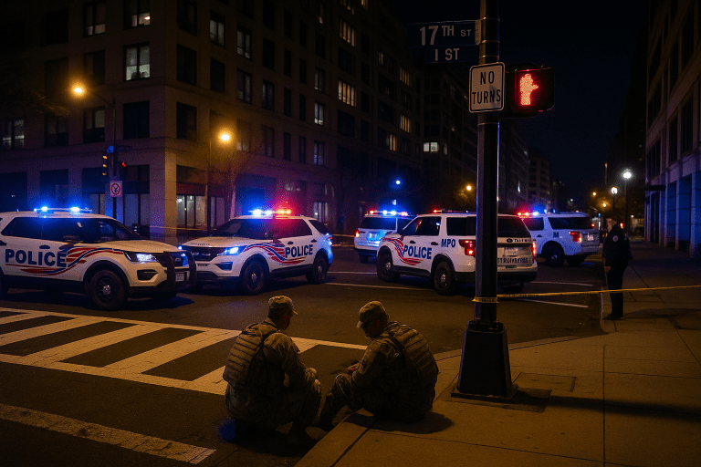 Police vehicles with flashing lights surround the intersection of 17th and I Streets NW in Washington, D.C., after two National Guard members were shot near the White House.