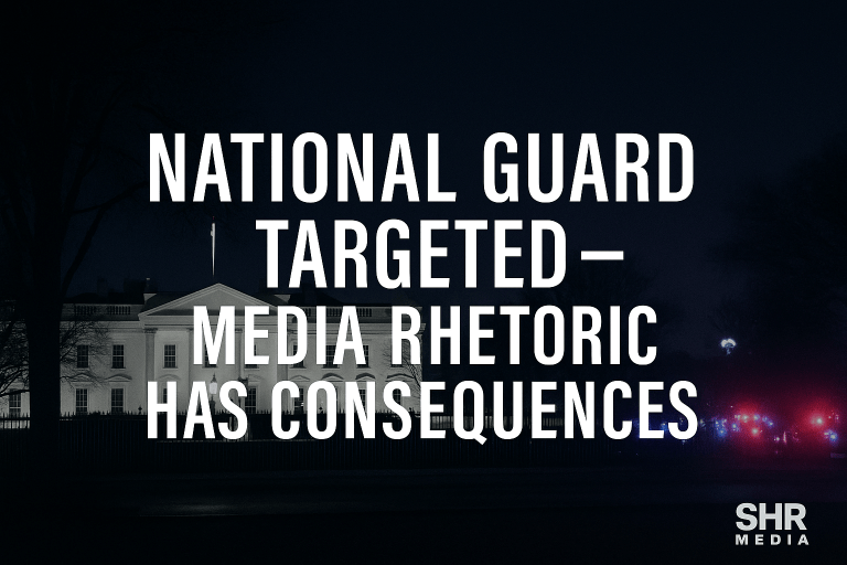 Feature image showing the White House at night with emergency lights visible and text reading National Guard Targeted Media Rhetoric Has Consequences.
